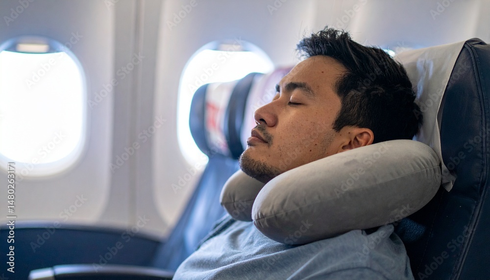 Fototapeta premium Man Sleeping on an Airplane - Person or Tourist trying to sleep on Plane during Travel with Neckpillow - Comfort or Discomfort during Travelling - Aircraft Interior of Commercial Passengers Airbus