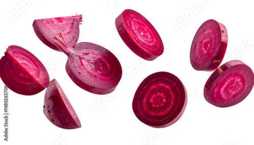 Fresh beet slices hovering on transparent background