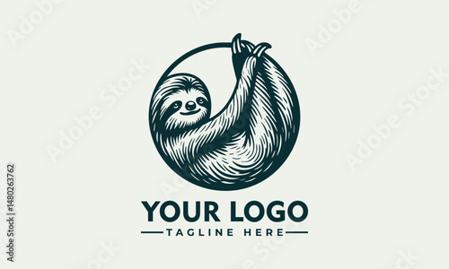 Charming Line Art Illustration of a Smiling Sloth Hanging from a Branch within a Circular Frame. Animal Illustration Concept.