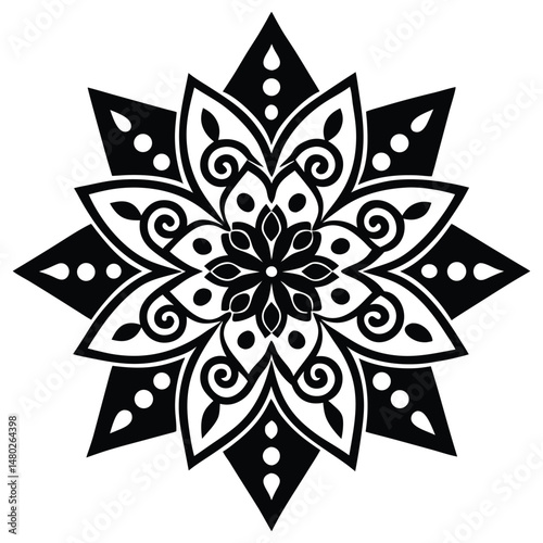 Intricate Black and White Mandala Design Eight-Pointed Floral Pattern