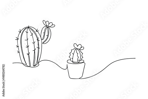 Minimalist cactus line art illustration depicting two succulent plants in a desert landscape