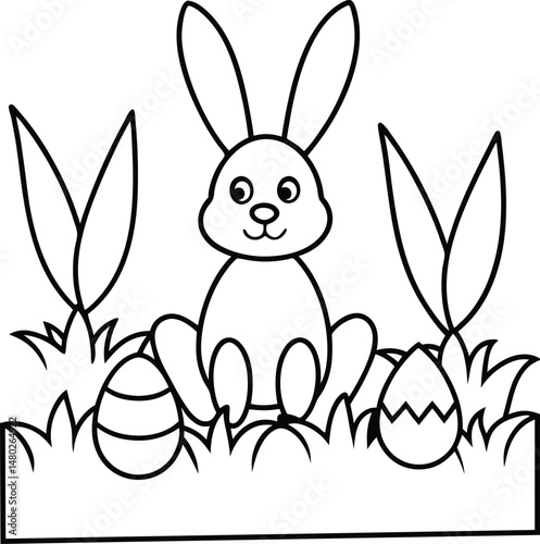 Easter Bunny Coloring Page Sitting in Spring Garden with Eggs
