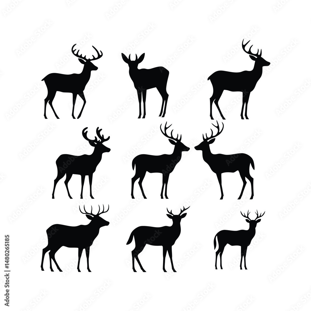 Naklejka premium Deer Set Silhouette Clipart on White Background