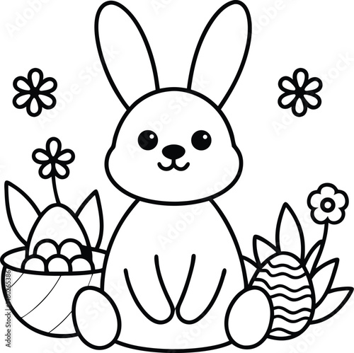 Easter Bunny with Basket and Flowers Coloring Page for Kids