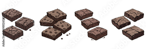 A set of vector chocolate brownie isolated on white background. brownie cake piece, homemade dessert food. vector illustration	