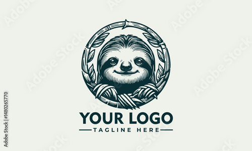 Charming Line Art Illustration of a Smiling Sloth Hanging from a Branch within a Circular Frame. Animal Illustration Concept.