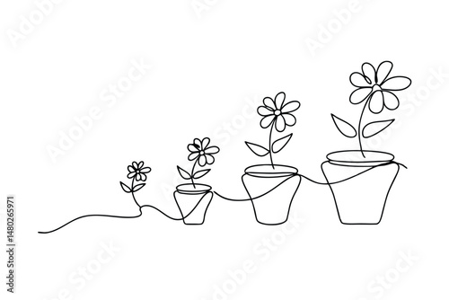 Continuous line drawing of growing flowers in pots illustrating growth and progress