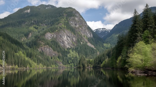 Scenic mountain range reflecting in a tranquil lake.