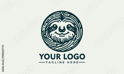 Charming Line Art Illustration of a Smiling Sloth Hanging from a Branch within a Circular Frame. Animal Illustration Concept.
