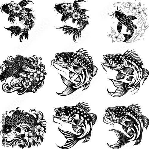 Koi Fish Yen Yang Svg Bundle, Koi Fish Stencil, Fishing Svg