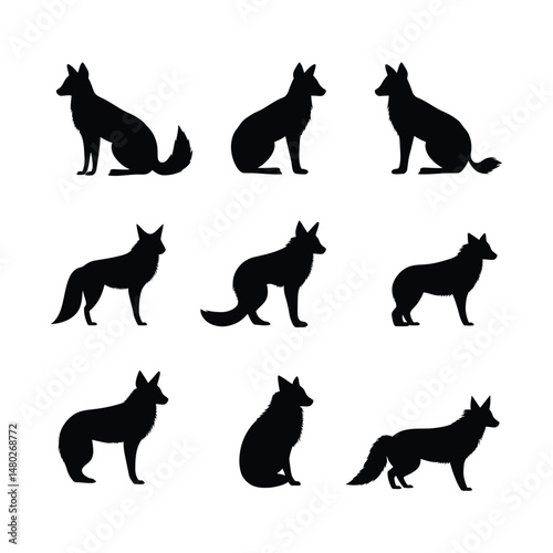 Fox Set Silhouette Clipart on White Background