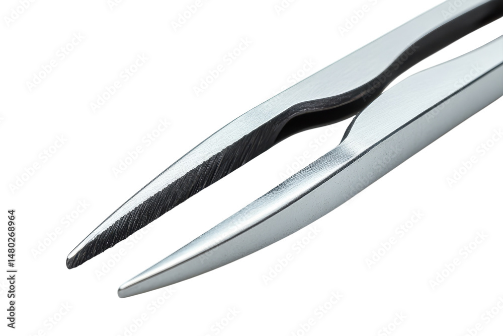 Fototapeta premium Precision Tweezers Silver Metal Closeup Black Background Professional Tool on transparent background