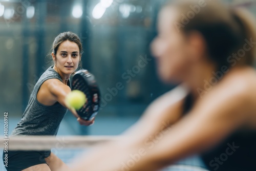 Female padel athlete in action on indoor court with focused pose and dynamic swing.