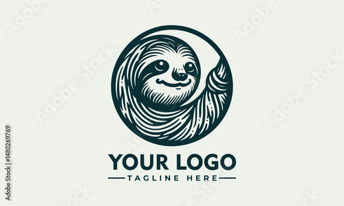 Charming Line Art Illustration of a Smiling Sloth Hanging from a Branch within a Circular Frame. Animal Illustration Concept.