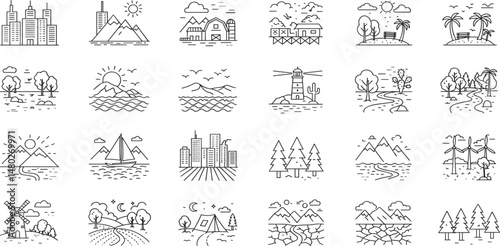 Landscape line Editable Icons set. Vector illustration in modern thin line style of nature related icons: sea, lake, river, forest, and more.