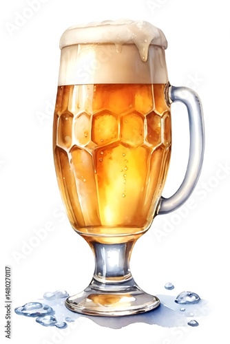 Watercolor illustration of a cold fresh glass of beer isolated on white background.