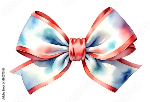 Watercolor illustration of a colorful ribbon bow isolated on white background.