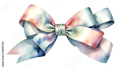 Watercolor illustration of a colorful ribbon bow isolated on white background.