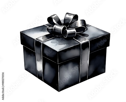 Watercolor illustration of a black gift box isolated on white background.