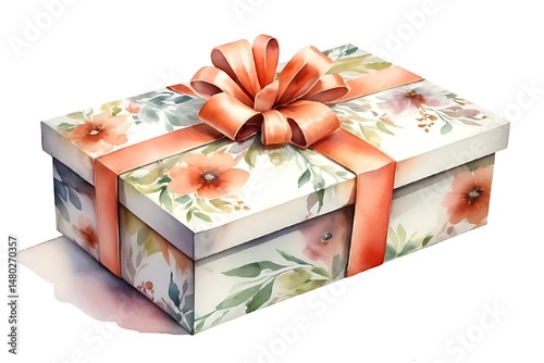 Watercolor illustration of a vintage gift box ornate with flowers isolated on white background.