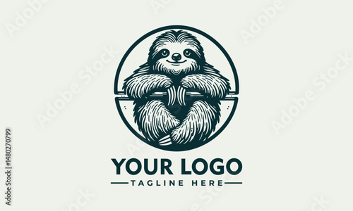 Charming Line Art Illustration of a Smiling Sloth Hanging from a Branch within a Circular Frame. Animal Illustration Concept.