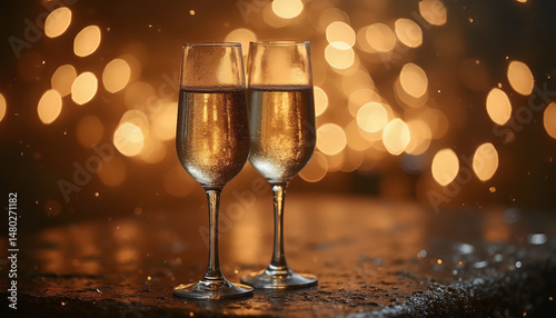 Glasses of champagne on bokeh background. New Year celebration