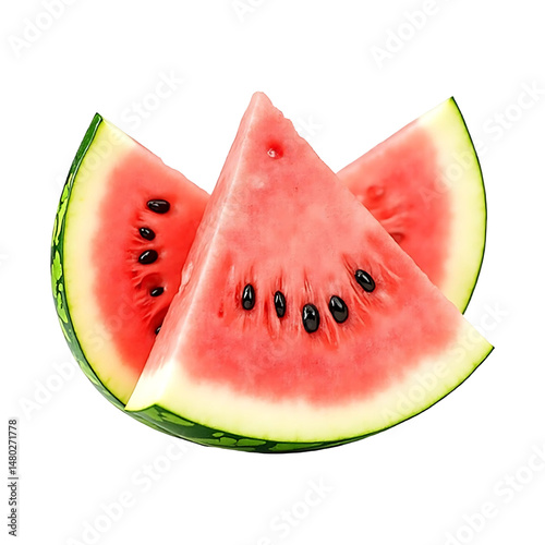 Freshly cut juicy watermelon slices with black seeds isolated on a clean transparent background