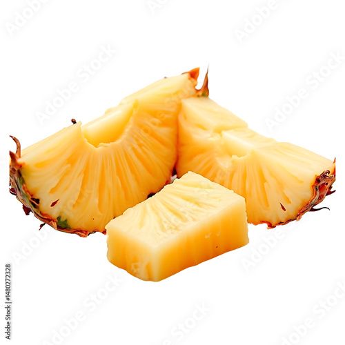 Freshly cut slices of ripe pineapple fruit isolated on a transparent background showing detail