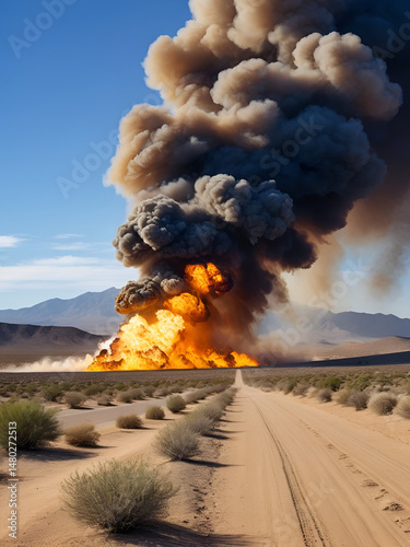 Desert explosion with flames, smoke, debris and distant mountains. photo