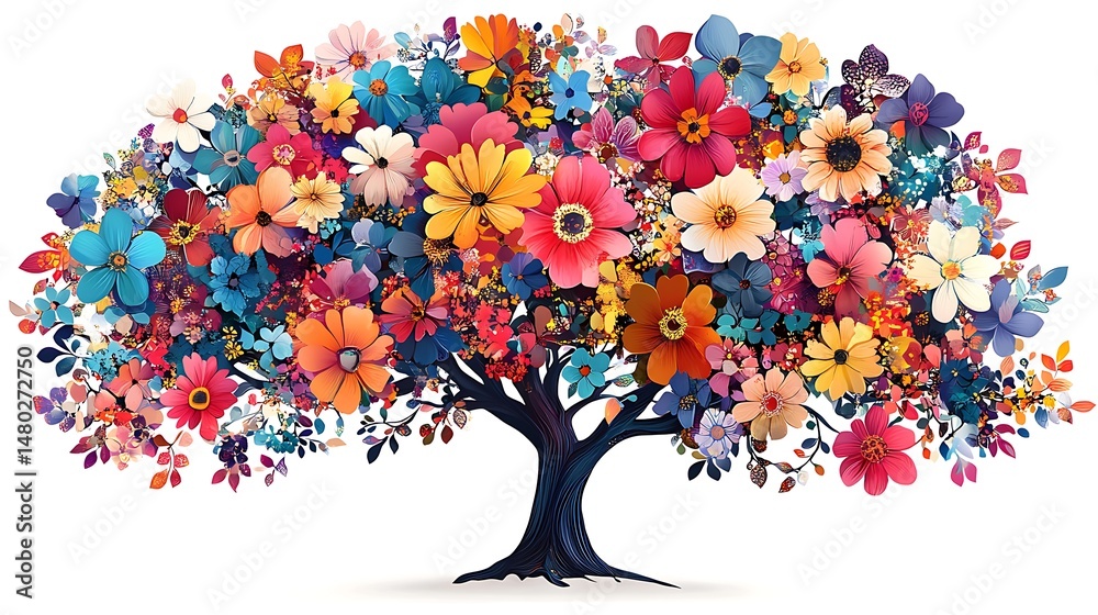 Fototapeta premium Vibrant tree with colorful flowers on a white background, symbolizing growth and creativity