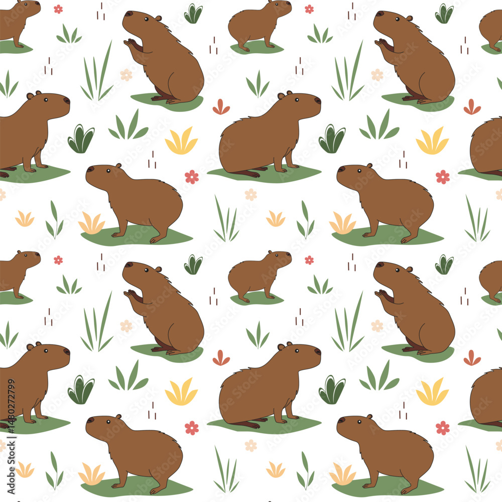 Fototapeta premium Cute seamless pattern with capybara, floral, leaves. Baby pattern for clothes, wrapping paper, background, fabric print, wallpaper, textiles. Animals vector illustration, cartoon style, hand drawn.