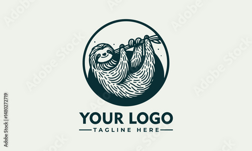 Charming Line Art Illustration of a Smiling Sloth Hanging from a Branch within a Circular Frame. Animal Illustration Concept.