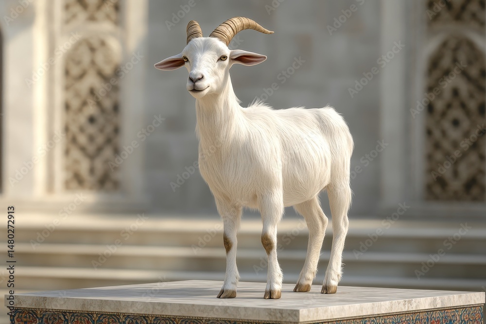 Fototapeta premium A white goat stands proudly on a stone pedestal.