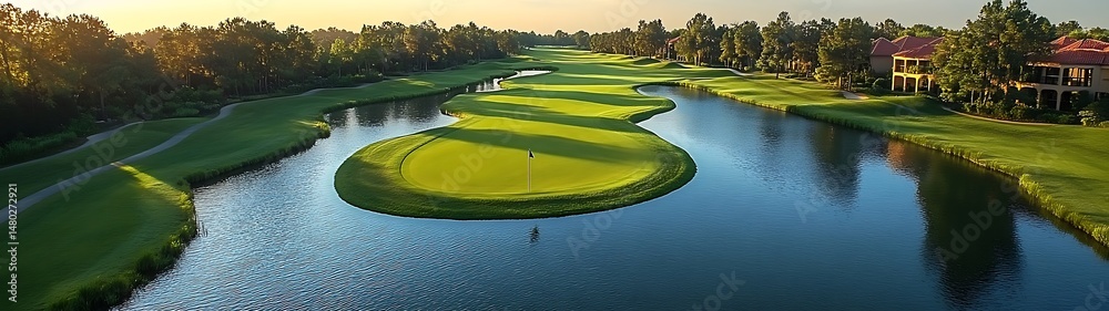 Naklejka premium Golf course with water features and houses