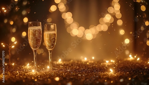 Glasses of champagne on bokeh background. New Year celebration
