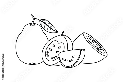Simple black and white illustration of a guava fruit with slices and leaves