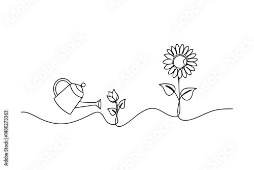 Continuous line drawing of sunflower growing with watering can and budding plant concept