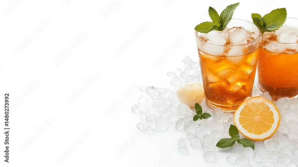 Fototapeta premium Refreshing iced tea mocktail with lemon glass ice cubes on a bright countertop