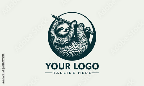 Charming Line Art Illustration of a Smiling Sloth Hanging from a Branch within a Circular Frame. Animal Illustration Concept.