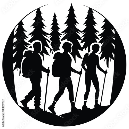 Three Hikers Trekking Through a Majestic Pine Forest A Silhouette Illustration