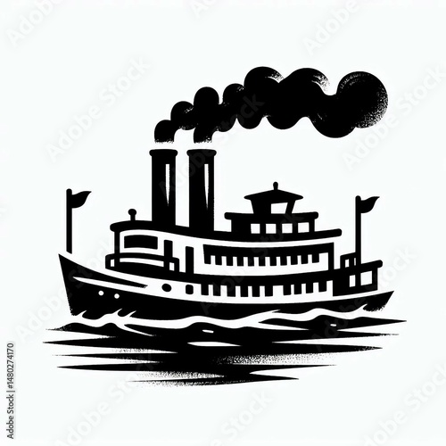 Steamboat on Waves Black and White Illustration