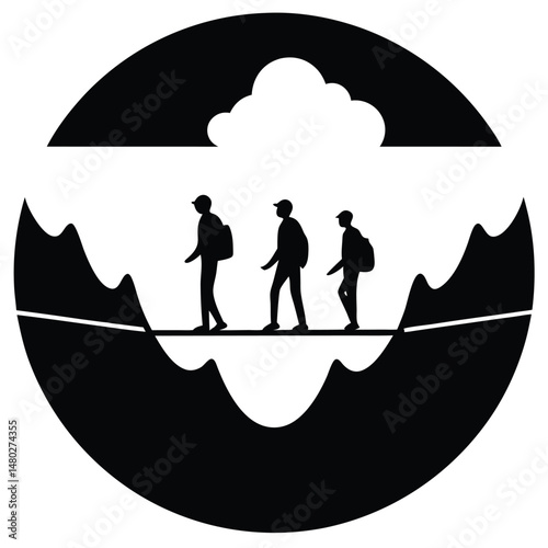 Three Hikers Walking a Tightrope Across a Mountain Chasm A Symbolic Illustration of Teamwork and Risk