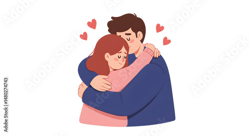 Romantic couple hugging, cartoon illustration of a couple hugging tenderly. The characters have sweet expressions, with simple but emotional body language. 