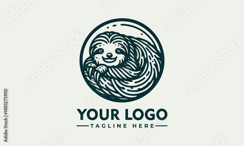 Charming Line Art Illustration of a Smiling Sloth Hanging from a Branch within a Circular Frame. Animal Illustration Concept.