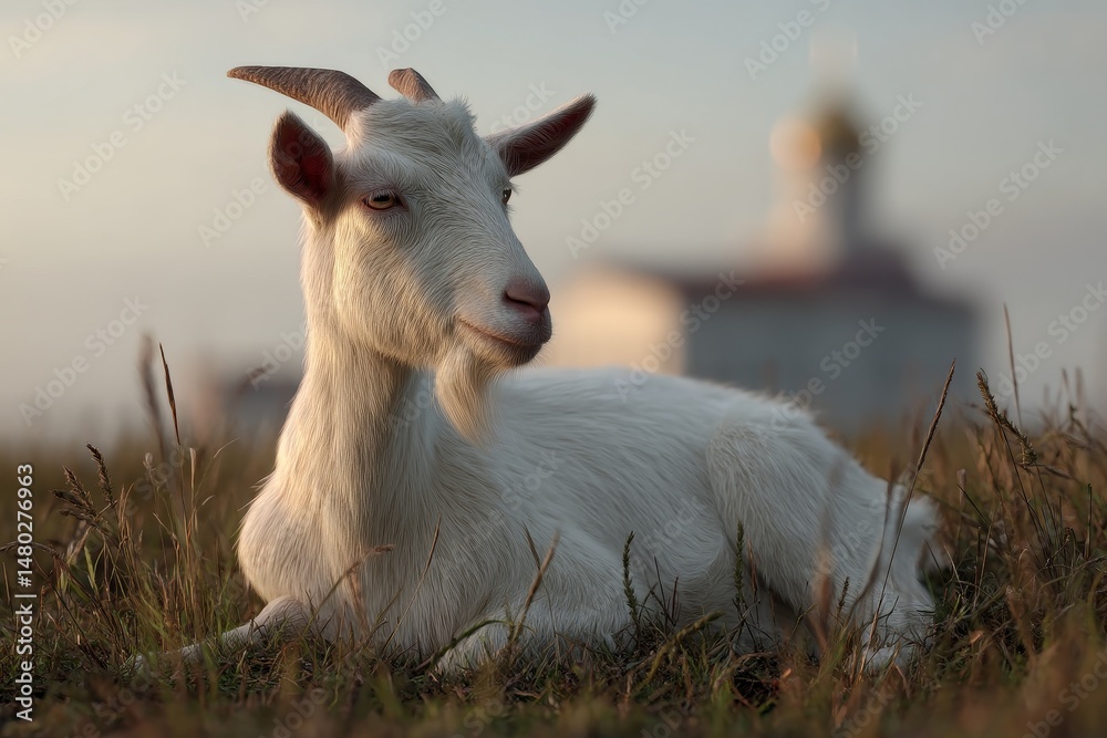 Obraz premium A serene white goat resting in grassy field, a building in the background.