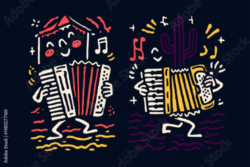 Colorful Illustration of Cartoon Characters Playing Accordion
