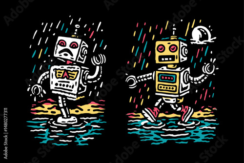 Colorful Robot Illustration with Rainy Background and Vintage Style