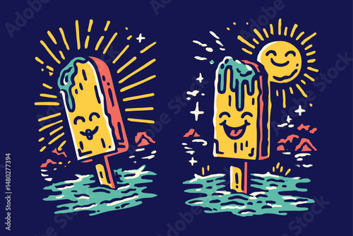 Colorful Ice Cream Popsicle Design with Sunny Background Elements