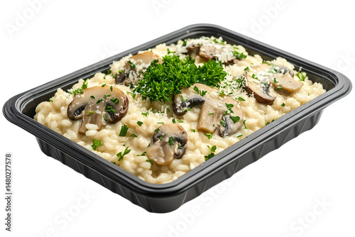 Risotto with Mushrooms, Creamy mushroom risotto garnished with parsley and Parmesan, neatly arranged in a black plastic rectangular parcel box isolated on transparent background