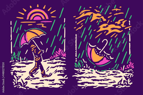 Colorful Illustration of Rainy and Sunny Weather with Umbrella